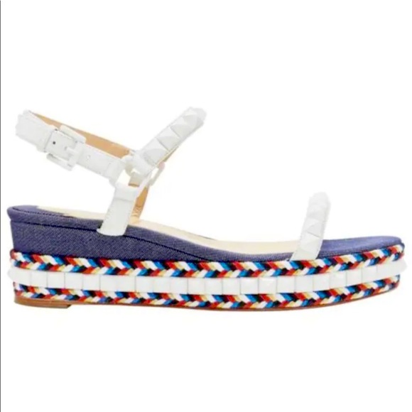 Christian Louboutin Blue Cataclou Embroidery Denim Studded Espadrille Sandals 38 - Picture 2 of 13